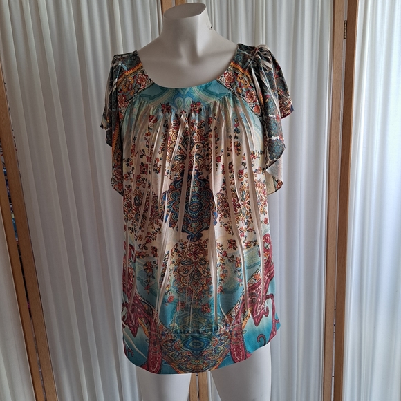Cato Tops - Cato capped sleeve fitted waist Multicolored floral pattern blouse, large